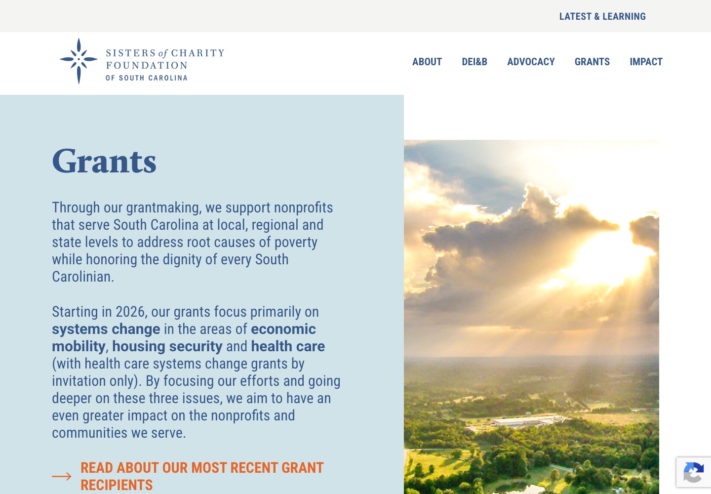 Sisters of Charity Foundation of South Carolina production website on desktop